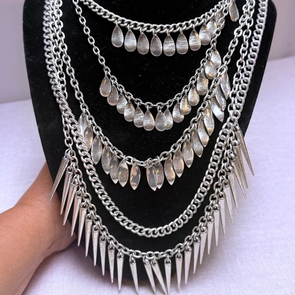Y2K Vintage Silver Tone Fringe Spiked Multi-Layered Necklace Premier Designs